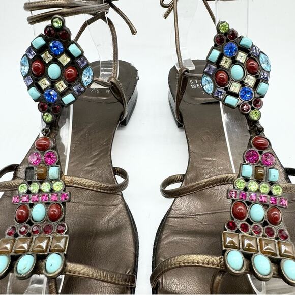 Stuart Weitzman Alaking Crystal Embellished Gladiator Sandal In Brass Mordorf - Picture 6 of 11